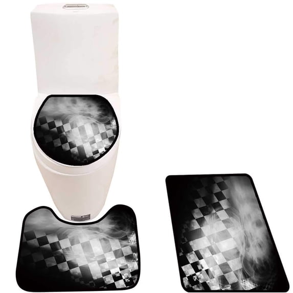 PUDMAD Unusual backgroun stylize Similar to checkere Flag Reflection 3 Piece Bathroom Rugs Set Bath Rug Contour Mat and Toilet Lid Cover