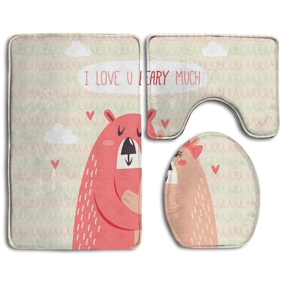 PUDMAD Valentine Two Bears Awesome 3 Piece Bathroom Rugs Set Bath Rug Contour Mat and Toilet Lid Cover