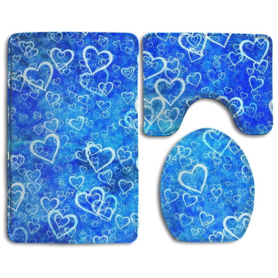 PUDMAD Valentine's Day Blue Heart Romantic Texture 3 Piece Bathroom Rugs Set Bath Rug Contour Mat and Toilet Lid Cover