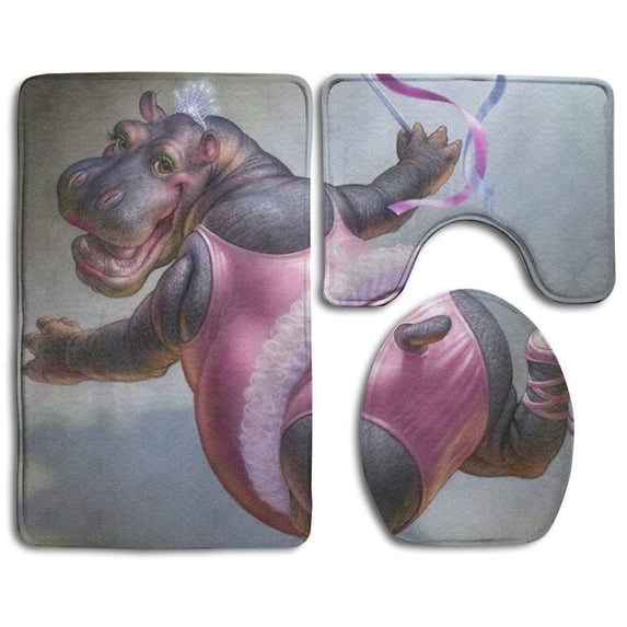 PUDMAD Valentine's Day Hippo Dance 3 Piece Bathroom Rugs Set Bath Rug Contour Mat and Toilet Lid Cover