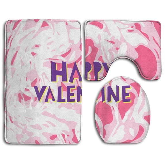 PUDMAD Valentine's Day Patterns 3 Piece Bathroom Rugs Set Bath Rug Contour Mat and Toilet Lid Cover
