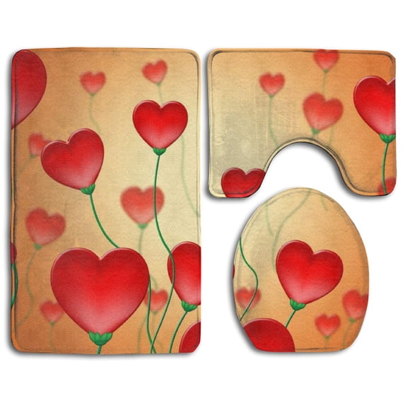 PUDMAD Valentine's Red Hearts Love 3 Piece Bathroom Rugs Set Bath Rug Contour Mat and Toilet Lid Cover