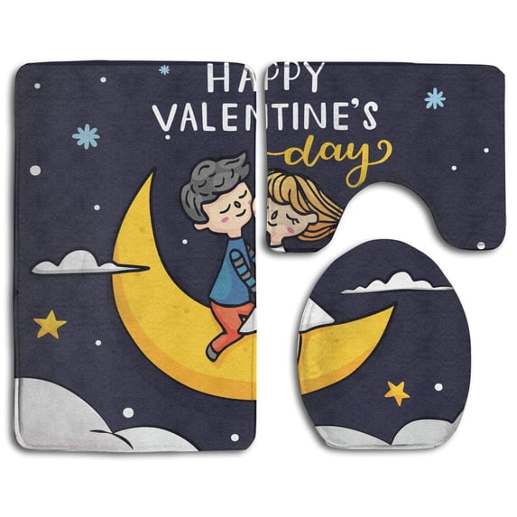 PUDMAD Valentines Day Couple On Moon 3 Piece Bathroom Rugs Set Bath Rug Contour Mat and Toilet Lid Cover