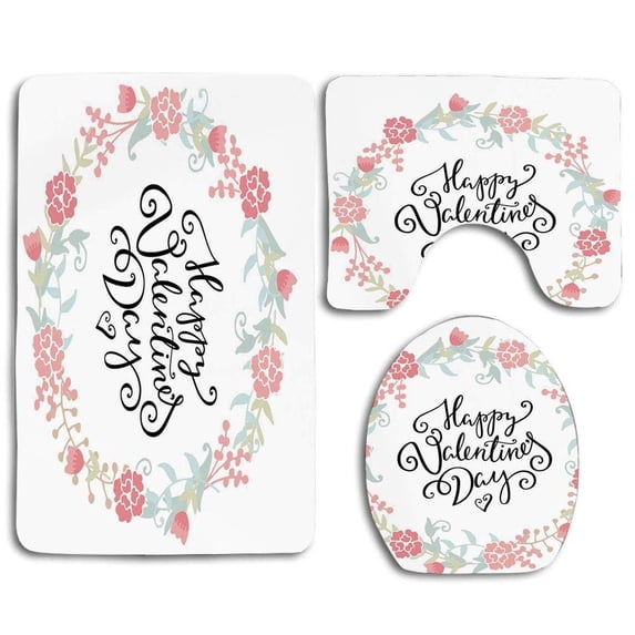 PUDMAD Valentines Day Floral Flowers Buds Roses Tulips Circled Frame Valentine Hearts 3 Piece Bathroom Rugs Set Bath Rug Contour Mat and Toilet Lid Cover