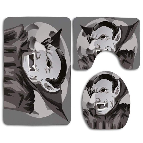 PUDMAD Vampire Cartoon Style Count Dracula Angry Look Evil Expression Gothic Horror Monster 3 Piece Bathroom Rugs Set Bath Rug Contour Mat and Toilet Lid Cover