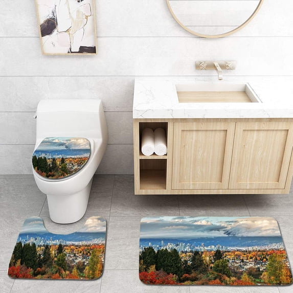 PUDMAD Vancouver City View in Autumn 3 Piece Bathroom Rugs Set Bath Rug Contour Mat and Toilet Lid Cover