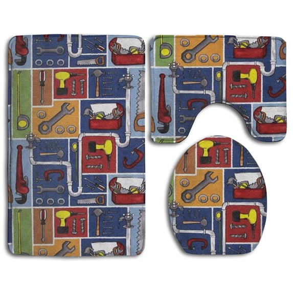 PUDMAD Various Tools 3 Piece Bathroom Rugs Set Bath Rug Contour Mat and Toilet Lid Cover