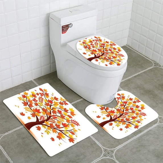 PUDMAD Vector Autumn Tree 3 Piece Bathroom Rugs Set Bath Rug Contour Mat and Toilet Lid Cover