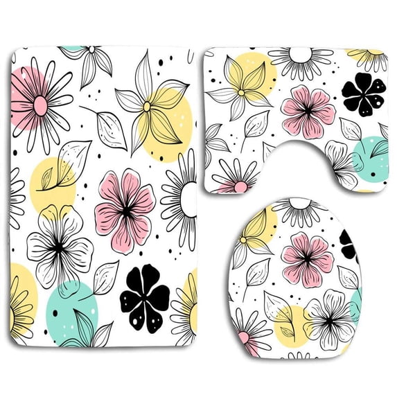 PUDMAD Vector Seamless Flowers Scandinavian 3 Piece Bathroom Rugs Set Bath Rug Contour Mat and Toilet Lid Cover