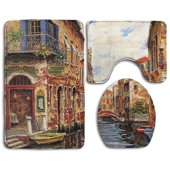 PUDMAD Venice Building 3 Piece Bathroom Rugs Set Bath Rug Contour Mat and Toilet Lid Cover