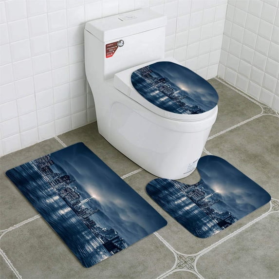 PUDMAD View Manhattan at Night 3 Piece Bathroom Rugs Set Bath Rug Contour Mat and Toilet Lid Cover
