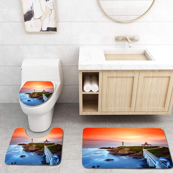 PUDMAD View on Seashore Pancha Island Spain 3 Piece Bathroom Rugs Set Bath Rug Contour Mat and Toilet Lid Cover