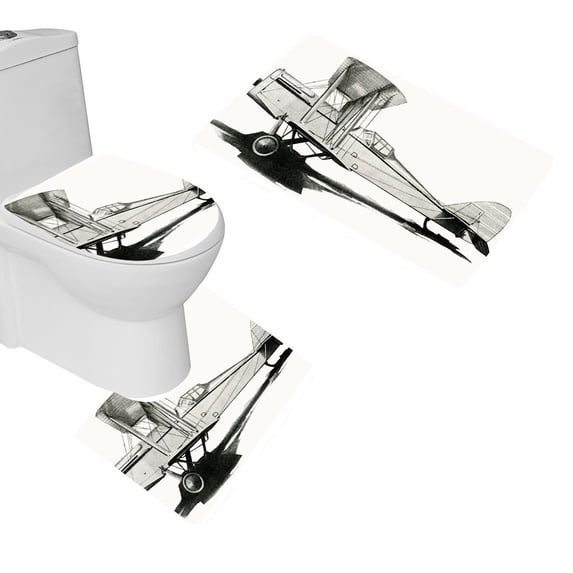 PUDMAD Vintage Airplane Clipart- Drawing 3 Piece Bathroom Rugs Set Bath Rug Contour Mat and Toilet Lid Cover