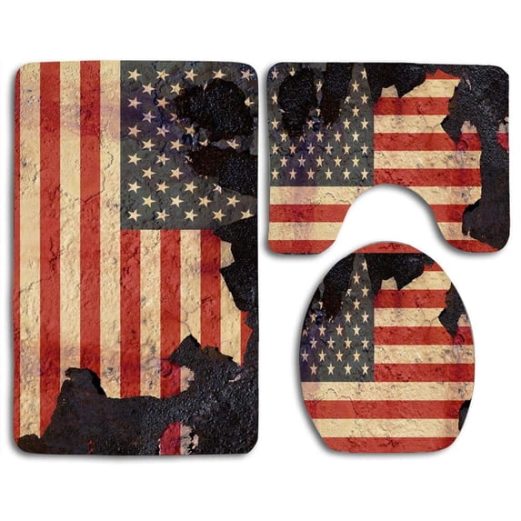 PUDMAD Vintage American Flag 3 Piece Bathroom Rugs Set Bath Rug Contour Mat and Toilet Lid Cover