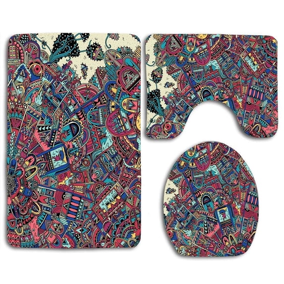 PUDMAD Vintage Boho Flowers 3 Piece Bathroom Rugs Set Bath Rug Contour Mat and Toilet Lid Cover