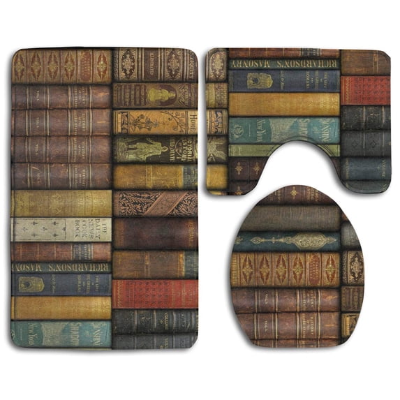 PUDMAD Vintage Books 3 Piece Bathroom Rugs Set Bath Rug Contour Mat and Toilet Lid Cover