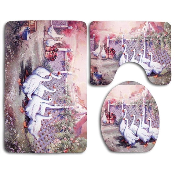 PUDMAD Vintage Ducks Farm 3 Piece Bathroom Rugs Set Bath Rug Contour Mat and Toilet Lid Cover