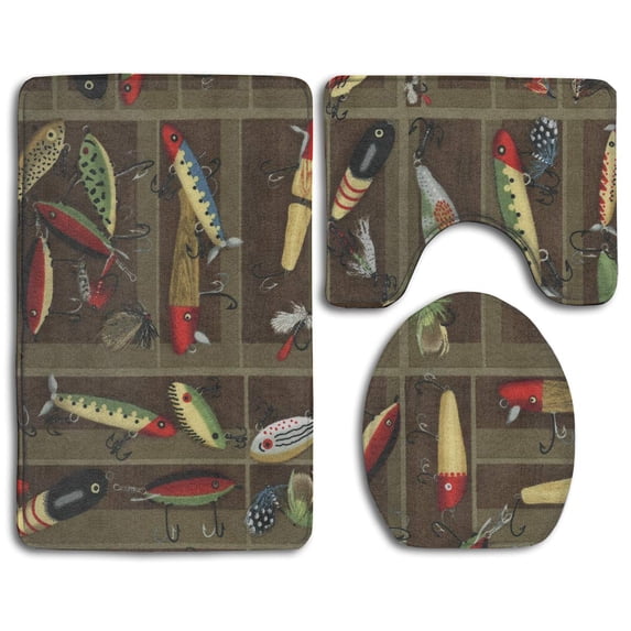 PUDMAD Vintage Fishing Lure Style 3 Piece Bathroom Rugs Set Bath Rug Contour Mat and Toilet Lid Cover