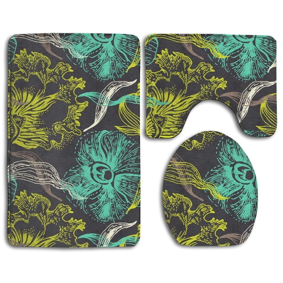 PUDMAD Vintage Floral 3 Piece Bathroom Rugs Set Bath Rug Contour Mat and Toilet Lid Cover