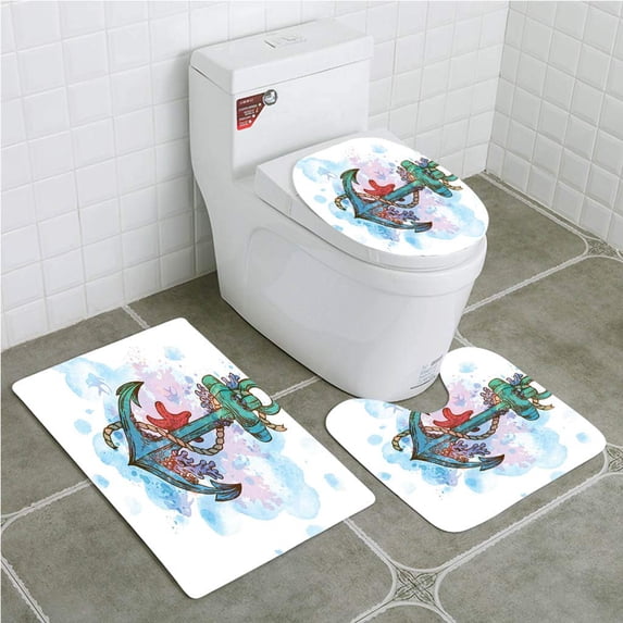 PUDMAD Vintage Hand Drawn Anchor 3 Piece Bathroom Rugs Set Bath Rug Contour Mat and Toilet Lid Cover
