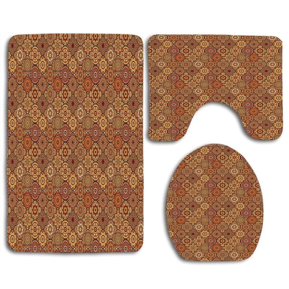 PUDMAD Vintage Hand Drawn Style Ottoman Figures Ancient Trellis Floral Motifs 3 Piece Bathroom Rugs Set Bath Rug Contour Mat and Toilet Lid Cover