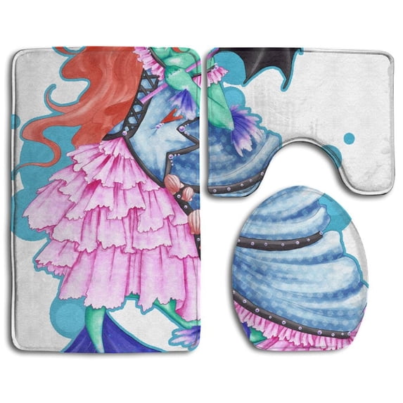 PUDMAD Vintage Mermaid Art 3 Piece Bathroom Rugs Set Bath Rug Contour Mat and Toilet Lid Cover
