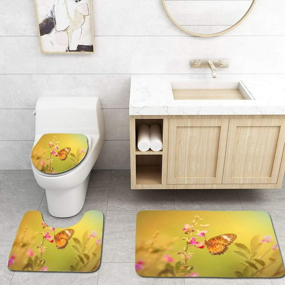 PUDMAD Vintage Photo Butterfly and Flower 3 Piece Bathroom Rugs Set Bath Rug Contour Mat and Toilet Lid Cover