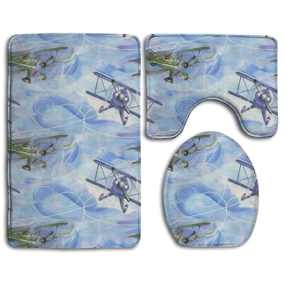PUDMAD Vintage Plane 3 Piece Bathroom Rugs Set Bath Rug Contour Mat and Toilet Lid Cover
