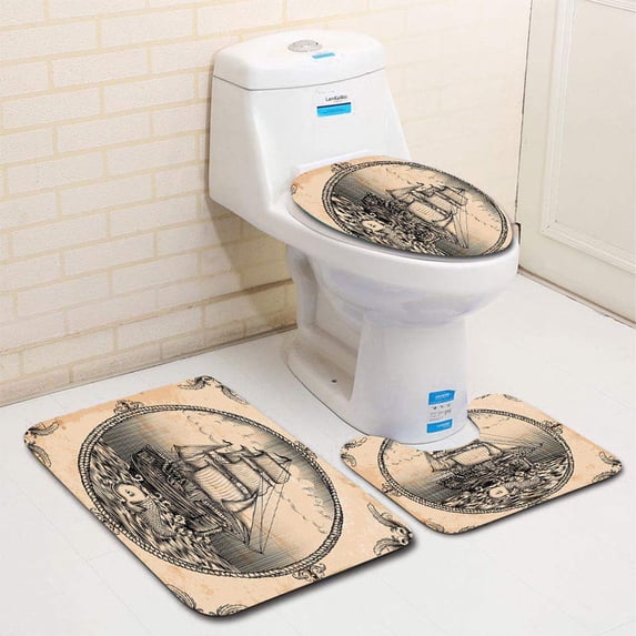 PUDMAD Vintage Sailboat 3 Piece Bathroom Rugs Set Bath Rug Contour Mat and Toilet Lid Cover