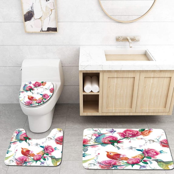 PUDMAD Vintage Seamless 3 Piece Bathroom Rugs Set Bath Rug Contour Mat and Toilet Lid Cover