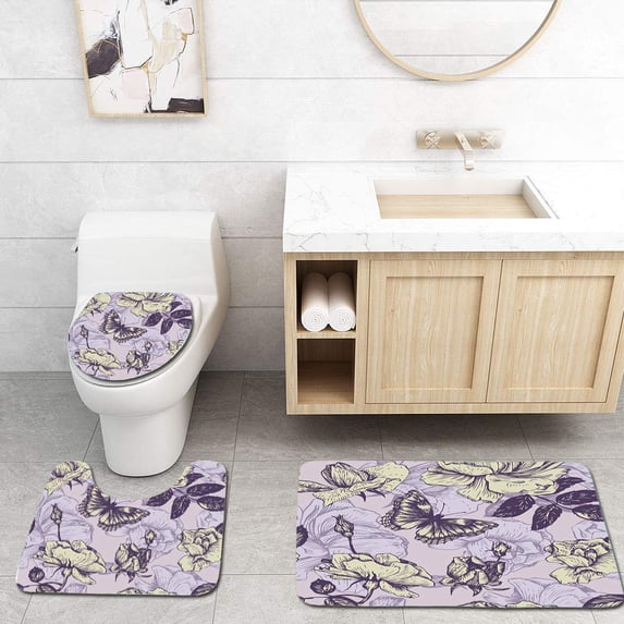 PUDMAD Vintage Seamless Floral 3 Piece Bathroom Rugs Set Bath Rug Contour Mat and Toilet Lid Cover