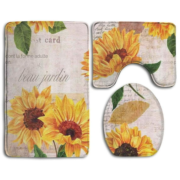 PUDMAD Vintage Sunflowers On Postcards Newspaper 3 Piece Bathroom Rugs Set Bath Rug Contour Mat and Toilet Lid Cover