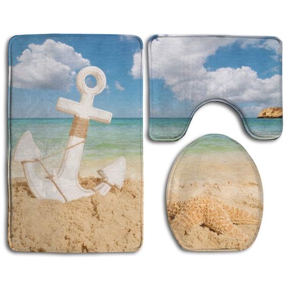 PUDMAD Vintage Wood Anchor On Beach 3 Piece Bathroom Rugs Set Bath Rug Contour Mat and Toilet Lid Cover