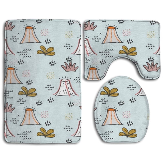 PUDMAD Volcano Grass Doodle 3 Piece Bathroom Rugs Set Bath Rug Contour Mat and Toilet Lid Cover