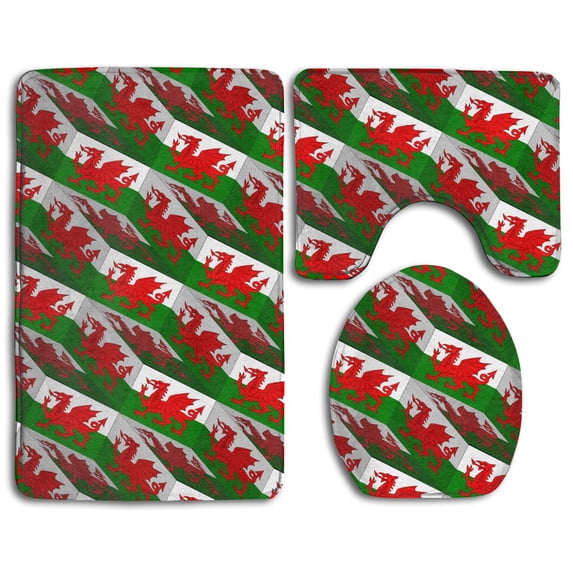PUDMAD Wales Flag 3D Art 3 Piece Bathroom Rugs Set Bath Rug Contour Mat and Toilet Lid Cover