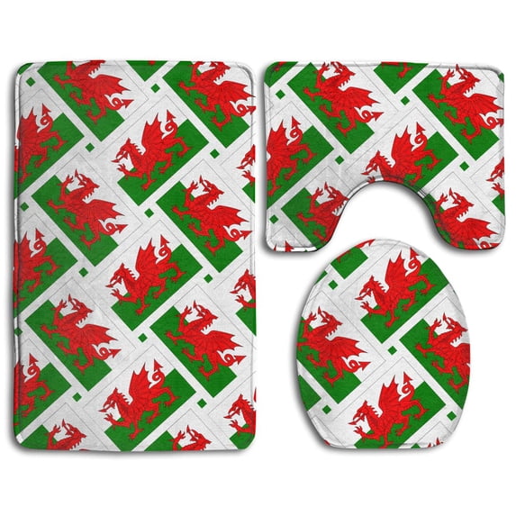 PUDMAD Wales Flag Weave 3 Piece Bathroom Rugs Set Bath Rug Contour Mat and Toilet Lid Cover
