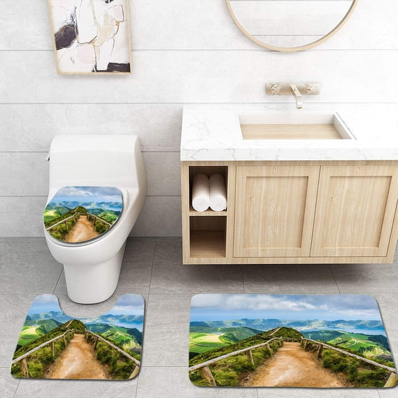PUDMAD Walking Path to Lakes Sete Cidades Azores Portugal 3 Piece Bathroom Rugs Set Bath Rug Contour Mat and Toilet Lid Cover