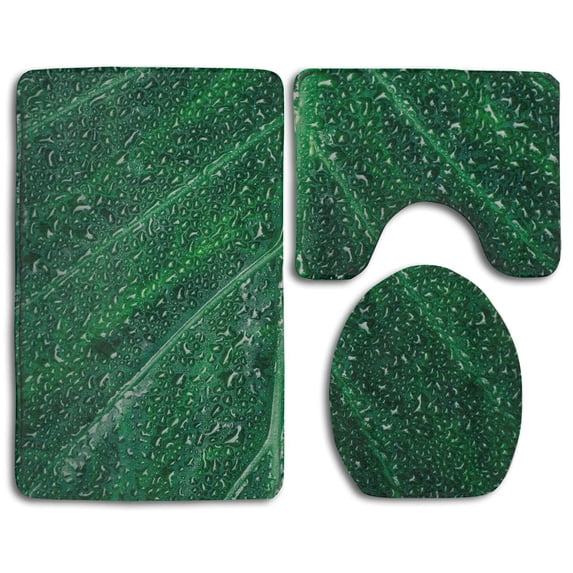 PUDMAD Water Dew On Green Leaf 3 Piece Bathroom Rugs Set Bath Rug Contour Mat and Toilet Lid Cover