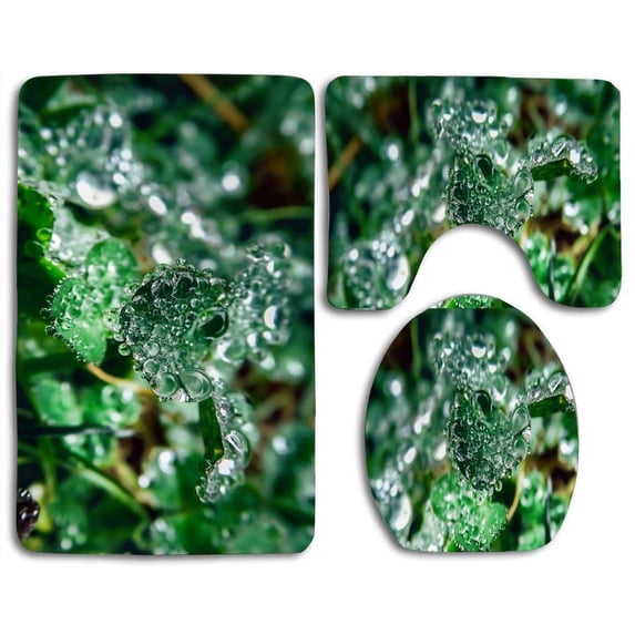 PUDMAD Water Drops On Clover Leaves 3 Piece Bathroom Rugs Set Bath Rug Contour Mat and Toilet Lid Cover