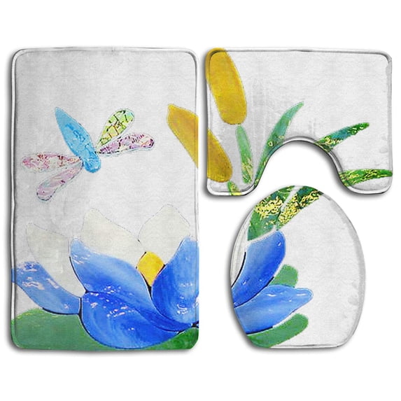 PUDMAD Water Lilies and Dragonflie 3 Piece Bathroom Rugs Set Bath Rug Contour Mat and Toilet Lid Cover