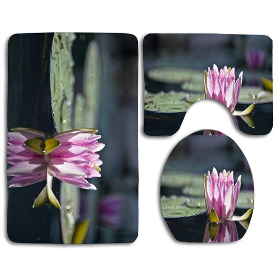 PUDMAD Water Lily Reflection 3 Piece Bathroom Rugs Set Bath Rug Contour Mat and Toilet Lid Cover