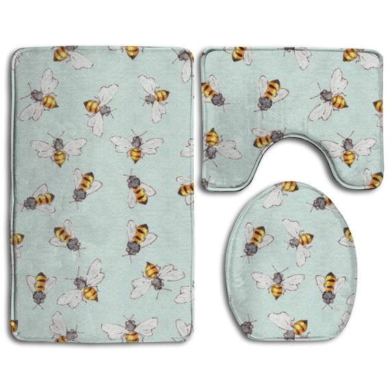 PUDMAD Watercolor Bees On Blue 3 Piece Bathroom Rugs Set Bath Rug Contour Mat and Toilet Lid Cover