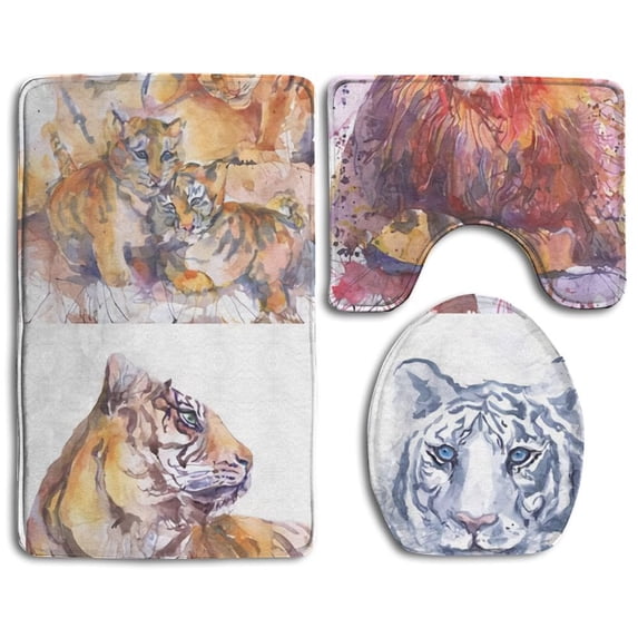 PUDMAD Watercolor Big Cats 3 Piece Bathroom Rugs Set Bath Rug Contour Mat and Toilet Lid Cover
