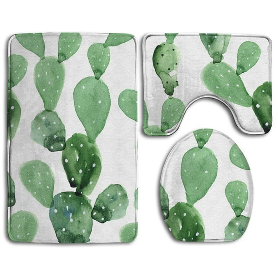 PUDMAD Watercolor Cactus 3 Piece Bathroom Rugs Set Bath Rug Contour Mat and Toilet Lid Cover