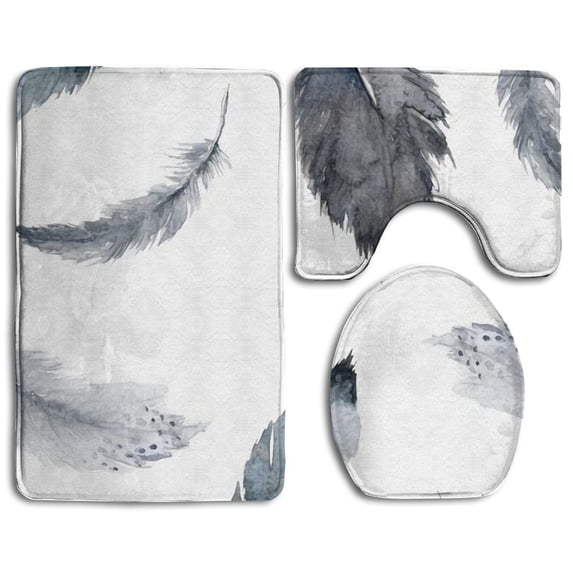 PUDMAD Watercolor Feather 3 Piece Bathroom Rugs Set Bath Rug Contour Mat and Toilet Lid Cover