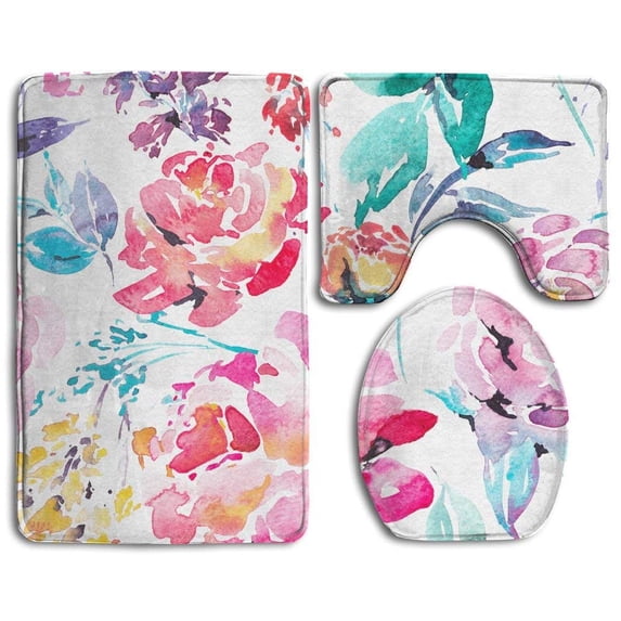 PUDMAD Watercolor Floral Red Watercolor Roses Flowers 3 Piece Bathroom Rugs Set Bath Rug Contour Mat and Toilet Lid Cover