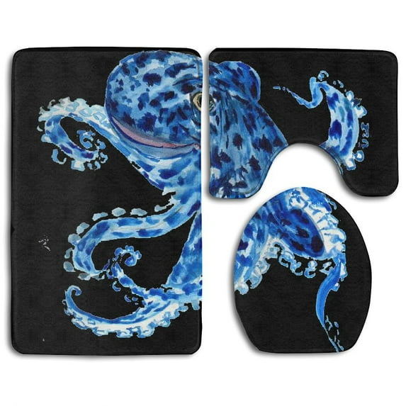 PUDMAD Watercolor Frog Octopus 3 Piece Bathroom Rugs Set Bath Rug Contour Mat and Toilet Lid Cover
