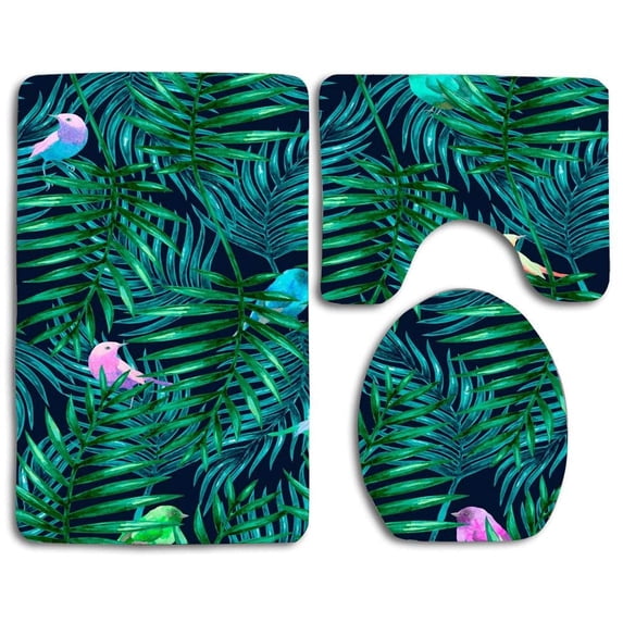 PUDMAD Watercolor Palm Leaves and Birds 3 Piece Bathroom Rugs Set Bath Rug Contour Mat and Toilet Lid Cover