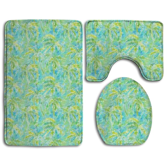 PUDMAD Watercolor Palm Tree 3 Piece Bathroom Rugs Set Bath Rug Contour Mat and Toilet Lid Cover