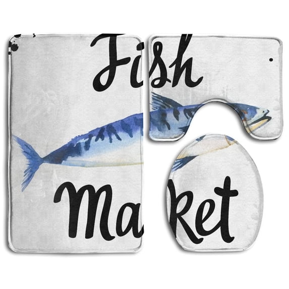 PUDMAD Watercolor Scomber Fish Market Seafood Menu Painting 3 Piece Bathroom Rugs Set Bath Rug Contour Mat and Toilet Lid Cover